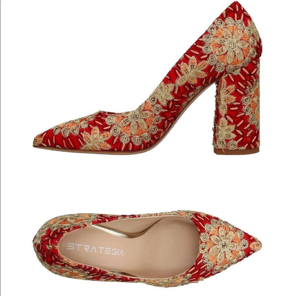 TRATEGIA Red pump hi heel embroidered comfortable shoes